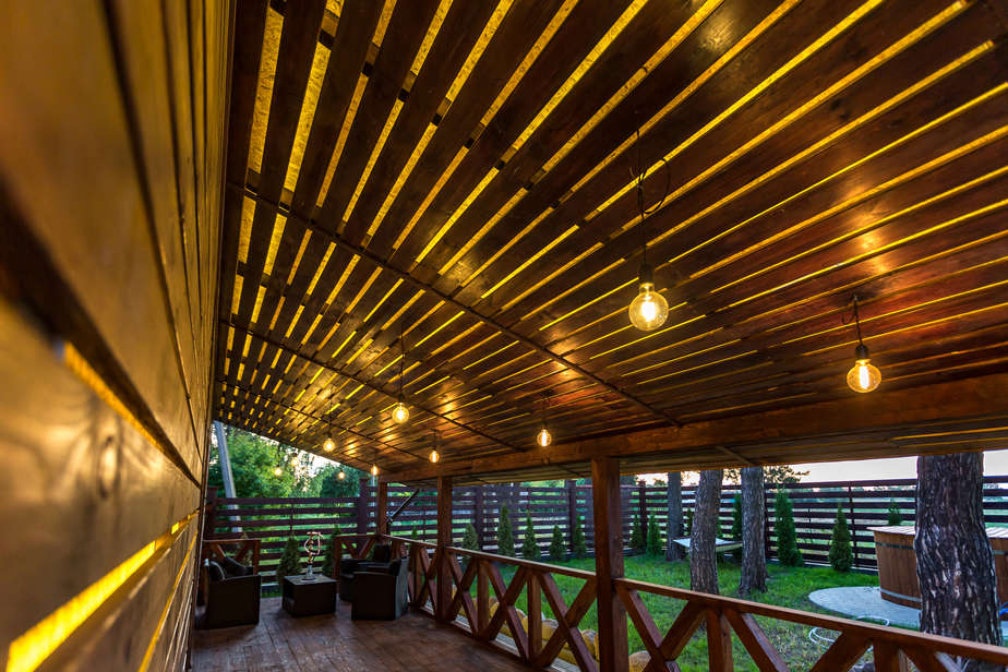 בסט לינק interior of empty hall veranda in wooden village vacation home with vintage lamps and chairs