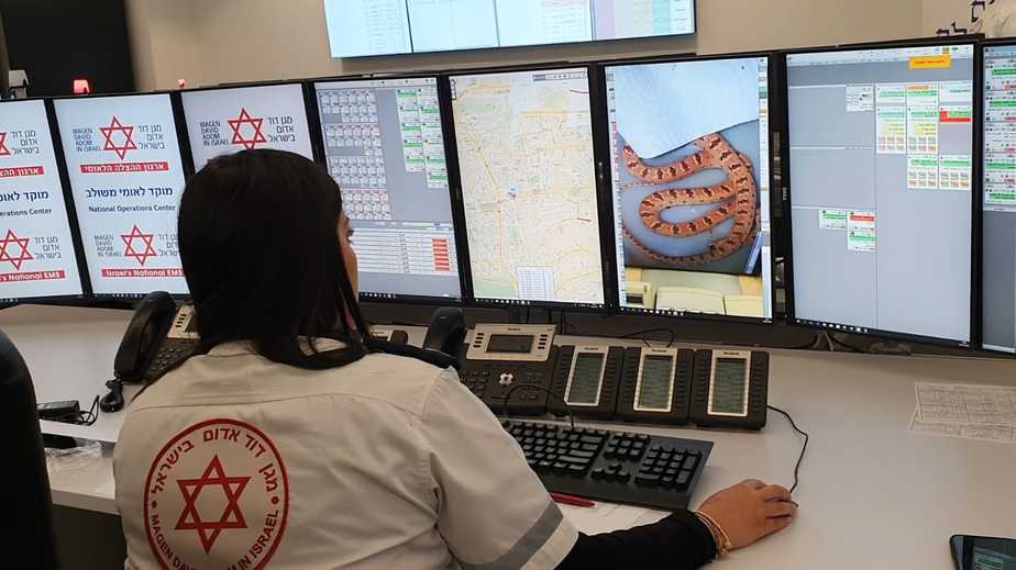 חובשת במוקד מד"א מקבלת קריאה על הכשת נחש (צילום דוברות מד"א)
