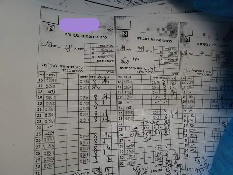 כרטיסי נוכחות של עובדי עיריית יהוד-מונוסון שנמצאו בתוך השקים הכחולים לגריסה. צילום: באדיבות התושבים