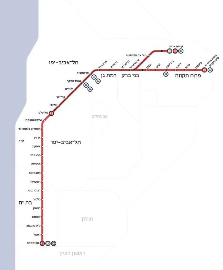 מפה הקו האדום הרכבת הקלה. צילום: נת”ע