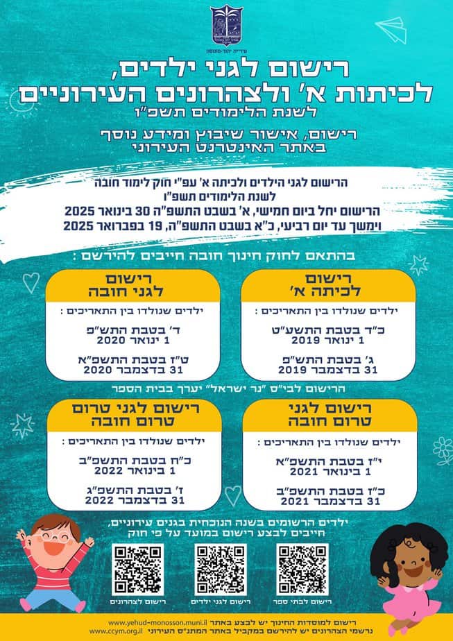 ההרשמה לגני הילדים, כיתות א' ולצהרונים העירוניים יצאה לדרך. צילום באדיבות דוברות עיריית יהוד מונוסון