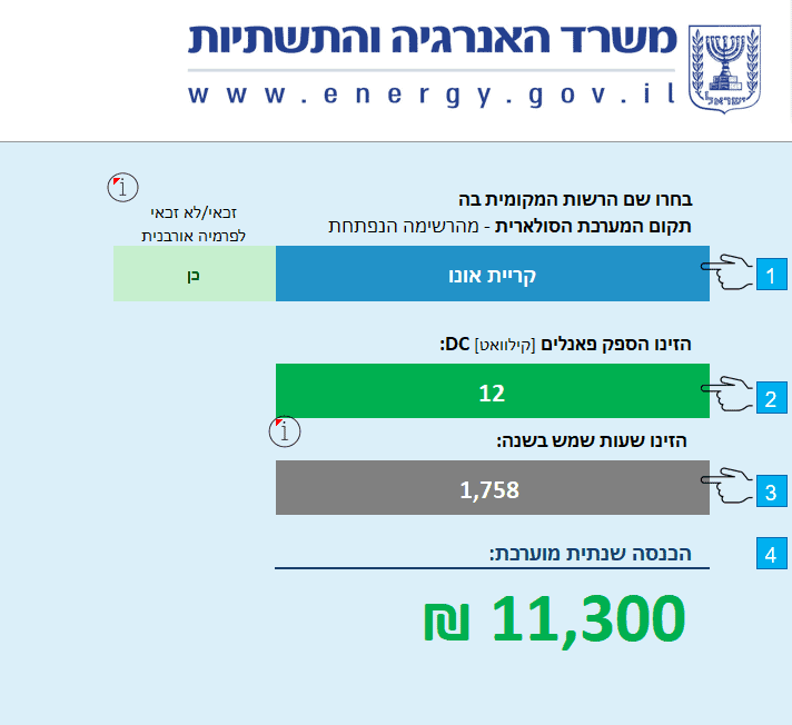 מחשבון פוטנציאל אנרגיה סולארית. צילום מסך מתוך אתר משרד האנרגיה והתשתיות