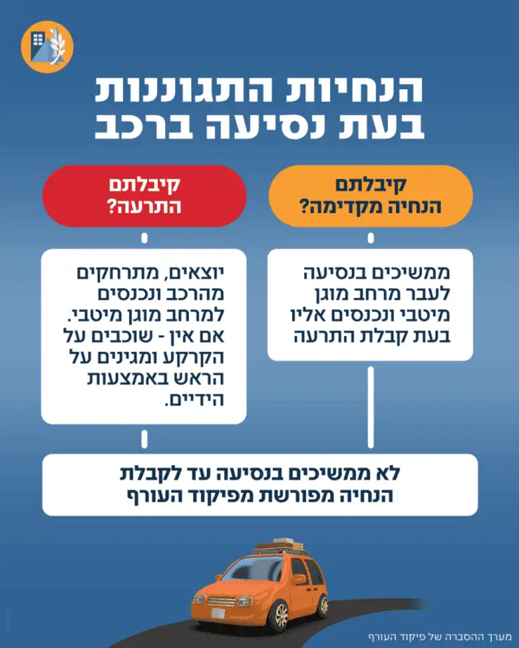 הנחיות התגוננות בעת נסיעה ברכב. באדיבות פיקוד העורף
