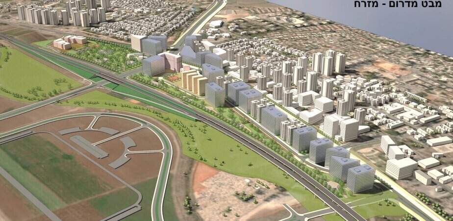 הדמיית תוכנית מע"ר דרומי יהוד-מונוסון- מבט מדרום מזרח. קרדיט: ניר-קוץ אדריכלים בע"מ.