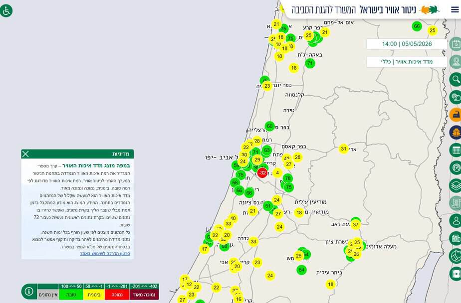 צילום מסך מתוך אתר ניטור אוויר של המשרד להגנת הסביבה
